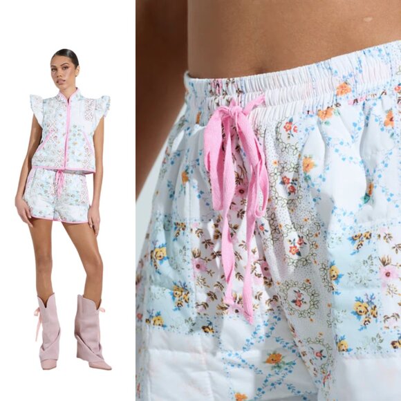 AKIRA Mixed Floral Patchwork Puffer Shorts – Quilted, High Rise, Small - Picture 2 of 5